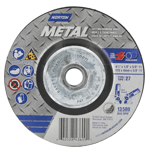 Disque de meulage et tronçonnage m&eacute;tallique, 4-1/2" x 1/8", Arbre de 5/8"-11, Type 27, Oxyde d'aluminium Pronet Distribution
