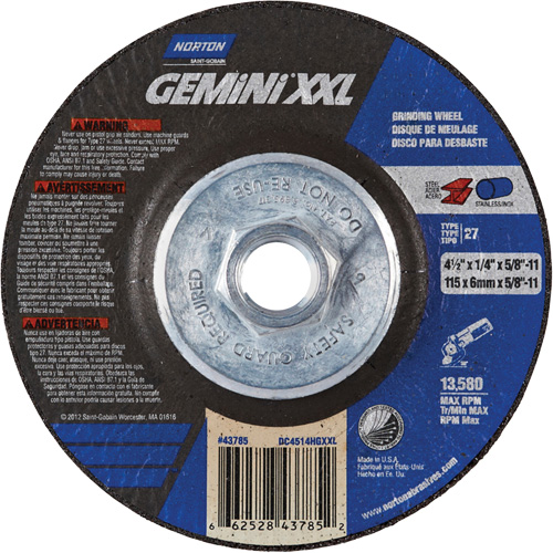 Gemini XXL Grinding Wheel, 4-1/2" x 1/4", 5/8"-11 Arbor, Aluminum Oxide, Type 27 Pronet Distribution