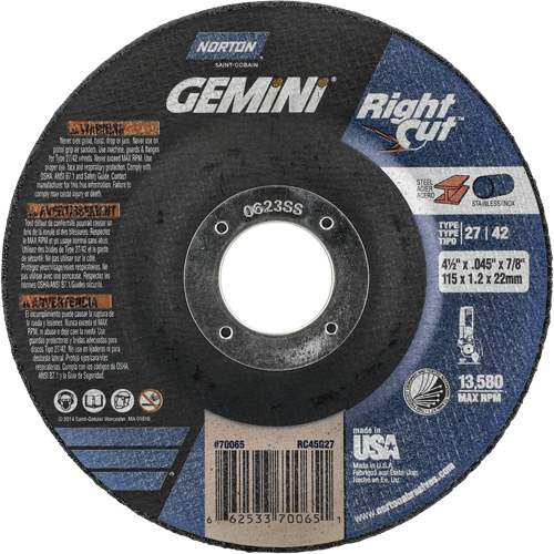 Gemini RightCut Right Angle Cut-Off Wheel, 4-1/2" x 0.045", 7/8" Arbor, Type 27/42, Aluminum Oxide, 13580 RPM Pronet Distribution