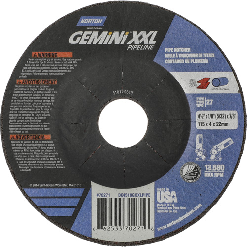 Disque combin&eacute; de meulage et tronçonnage Gemini XXL, 4-1/2" x 1/8", Arbre de 7/8", Type 27, Oxyde d'aluminium Pronet Distribution