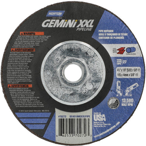 Disque combin&eacute; de meulage et tronçonnage Gemini XXL, 4-1/2" x 1/8", Arbre de 5/8"-11, Type 27, Oxyde d'aluminium Pronet Distribution