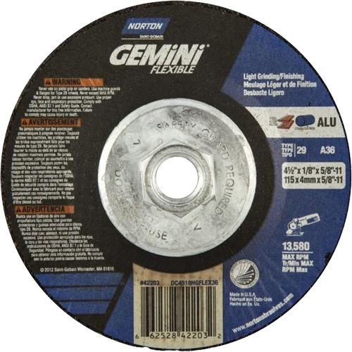 Meule et meule &agrave; tronçonner combin&eacute;e et flexible Gemini A AO, 4-1/2" x 1/8", Arbre de 5/8"-11, Type 29, Oxyde d'aluminium, 13580 Tr/min Pronet Distribution
