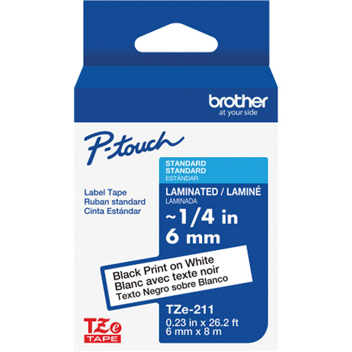 TZe-211 Laminated Tape for TZe-Compatible P-Touch Label Makers, Black on White, 0.23" Width Pronet Distribution
