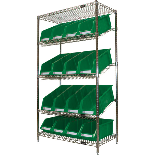 Slanted Wire Shelf with Bins, 5 Tiers, 36" W x 63" H x 18" D Pronet Distribution