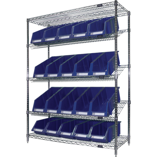 Slanted Wire Shelf with Bins, 5 Tiers, 48" W x 63" H x 18" D Pronet Distribution