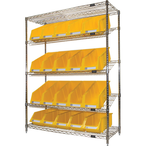 Slanted Wire Shelf with Bins, 5 Tiers, 48" W x 63" H x 18" D Pronet Distribution