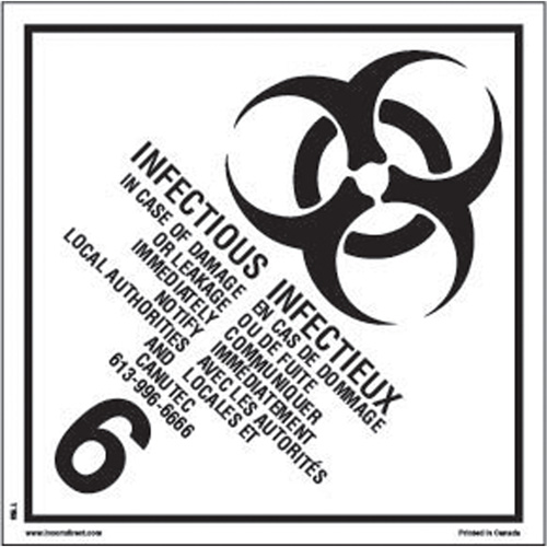 TDG Shipping Labels, Class 6.2, Infectious Substances, Paper Pronet Distribution