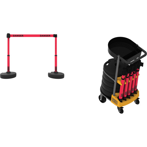 Syst&egrave;me de barri&egrave;re &agrave; chariot portatif avec plateau Plus, 75' lo, M&eacute;tal/Plastique, Rouge Pronet Distribution