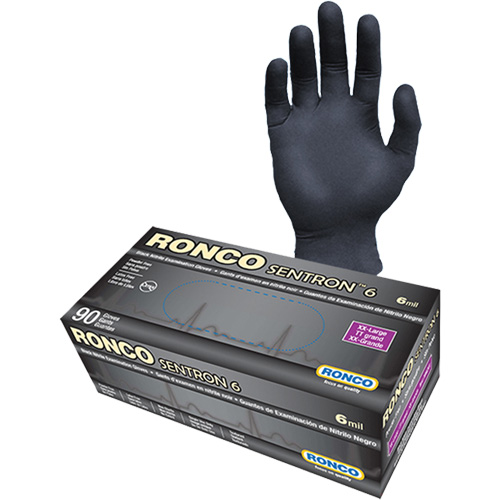 Gants d'examen jetables Sentron 6, 2T-Grand, Nitrile, 6 mils, Sans poudre, Noir, Classe 2 Pronet Distribution