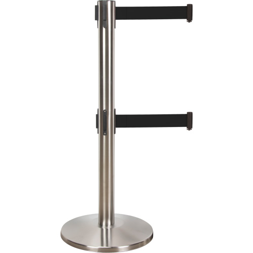 Barri&egrave;re pour le contr&ocirc;le des foules &agrave; courroie double, Acier, 35" h, Ruban Noir, Longueur du ruban 7' Pronet Distribution