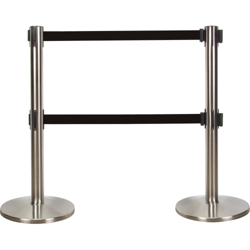Barri&egrave;re pour le contr&ocirc;le des foules &agrave; courroie double, Acier, 35" h, Ruban Noir, Longueur du ruban 7' Pronet Distribution