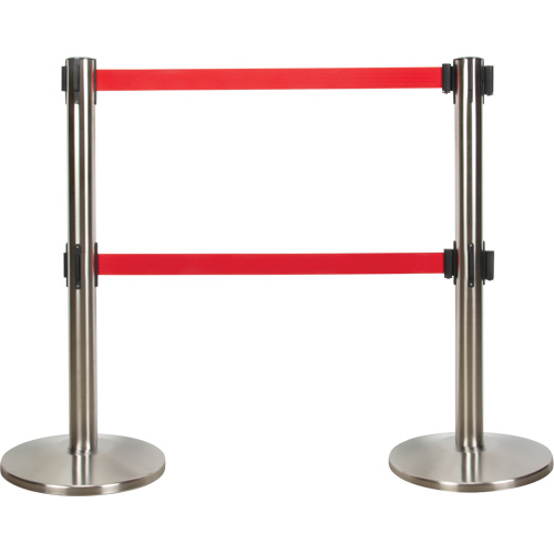 Barri&egrave;re pour le contr&ocirc;le des foules &agrave; courroie double, Acier, 35" h, Ruban Rouge, Longueur du ruban 7' Pronet Distribution