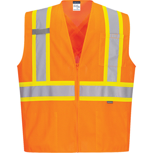Contrast-Striped Safety Vest, High Visibility Orange, Small, Polyester Pronet Distribution