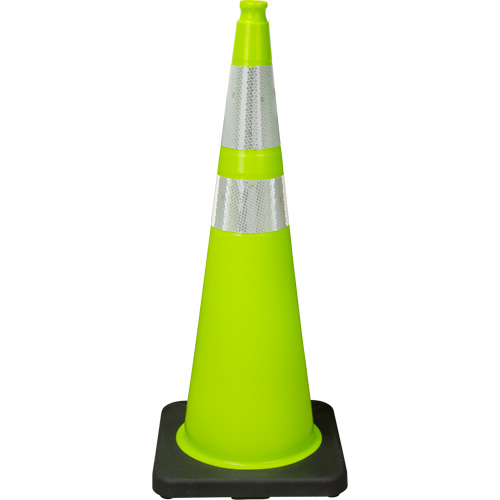 C&ocirc;ne de signalisation de premi&egrave;re qualit&eacute;, 36", Vert lime, Bande(s) r&eacute;fl&eacute;chissante(s) 4" & 6" Pronet Distribution