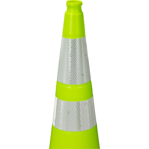 C&ocirc;ne de signalisation de premi&egrave;re qualit&eacute;, 36", Vert lime, Bande(s) r&eacute;fl&eacute;chissante(s) 4" & 6" Pronet Distribution