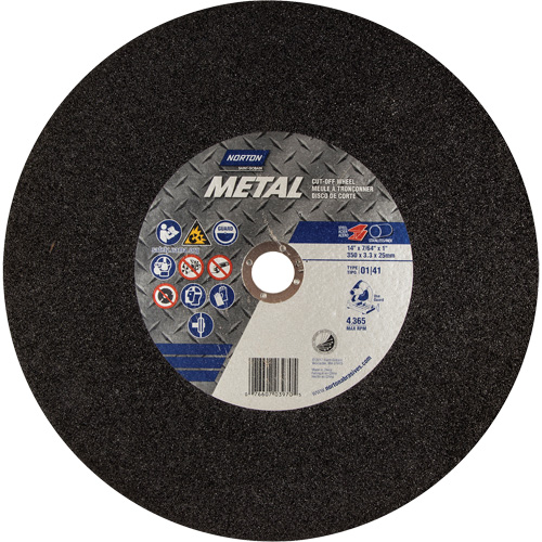 Meule Metal A pour scie &agrave; tronçonner, 14" x 3/32", Arbre de 1", Type 01/41, Oxyde d'aluminium, 4365 Tr/min Pronet Distribution