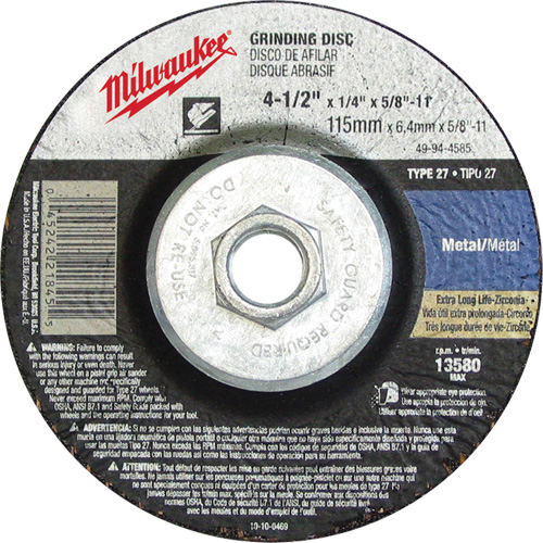 Grinding Wheel, 4-1/2" x 1/8", 5/8"-11 Arbor, Aluminum Oxide, Type 27 Pronet Distribution