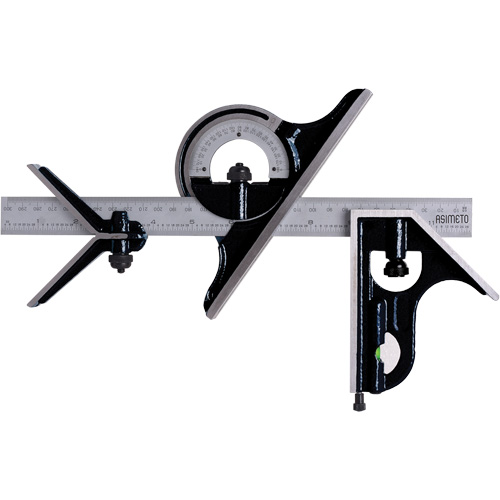 Combination Square Set with E/M Rule, 4 pcs., 1/64"/0.5 mm Graduations, Steel, Plain Pronet Distribution