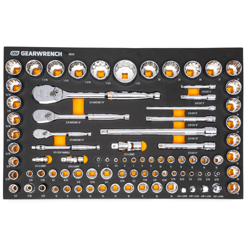 Jeu d'outils SAE/m&eacute;triques pour m&eacute;canicien &agrave; 90 dents 1/4", 3/8" & 1/2" avec plateau de rangement en mousse Pronet Distribution