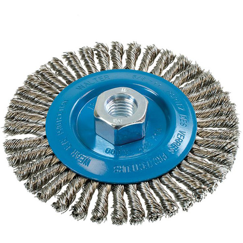 Brosse &agrave; fils &eacute;troits nou&eacute;s et torsad&eacute;s, Dia. 5", Fils 0,02", Arbre 5/8"-11, Aluminium/Acier inoxydable Pronet Distribution