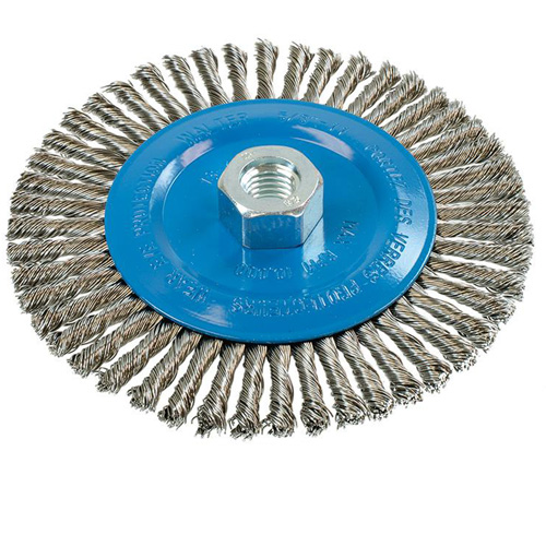 Brosse &agrave; fils &eacute;troits nou&eacute;s et torsad&eacute;s, Dia. 6", Fils 0,02", Arbre 5/8"-11, Aluminium/Acier inoxydable Pronet Distribution