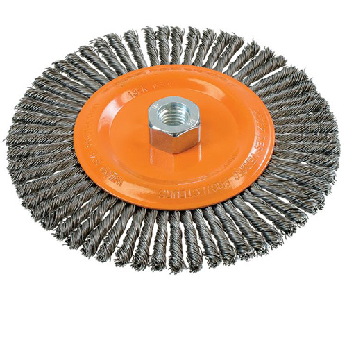 Brosse &agrave; fils nou&eacute;s pour cordons de soudure, Dia. 6-7/8'', Fils 0,02", Arbre 5/8"-11, Acier Pronet Distribution