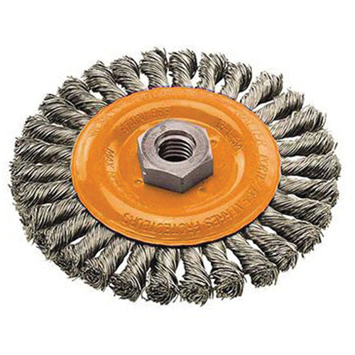 Brosse rotative &agrave; fils nou&eacute;s large, Dia. 4", Fils 0,02", Arbre 5/8"-11, Acier Pronet Distribution
