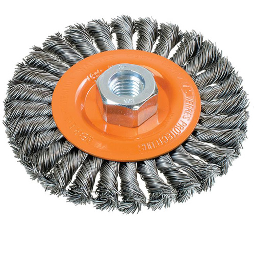 Wide Knotted Wire Wheel Brush, 4-1/2" Dia., 0.02" Fill, 5/8"-11 Arbor, Steel Pronet Distribution
