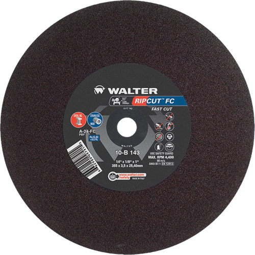 Ripcut Stainless Steel & Steel Cut-Off Wheel for Stationary Saws, 14" x 1/8", 1" Arbor, Type 1, Aluminum Oxide, 4400 RPM Pronet Distribution