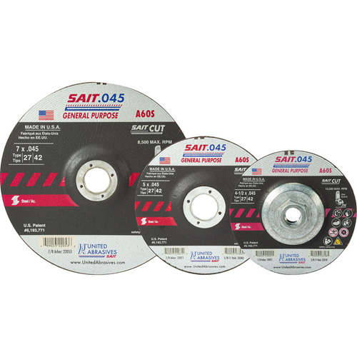 Disque de coupe Sait, 5" x 0,045", Arbre de 7/8", Type 27, Oxyde d'aluminium, 12 200 Tr/min Pronet Distribution