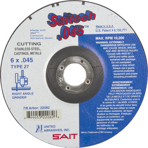 Cut-Off Wheel, 6" x 0.045", 7/8" Arbor, Type 27, Aluminum Oxide/Ceramic, 10200 RPM Pronet Distribution