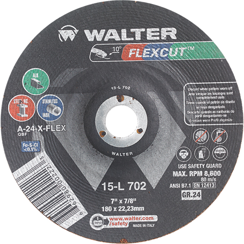 Meules &agrave; moyeu d&eacute;port&eacute; Flexcut, 7", 24 Grain, Oxyde d'aluminium, 7/8", 8600 Tr/min, Type 29 Pronet Distribution