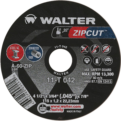 Zipcut Cut-Off Wheel, 4-1/2" x 3/64", 7/8" Arbor, Type 1, Aluminum Oxide, 13300 RPM Pronet Distribution