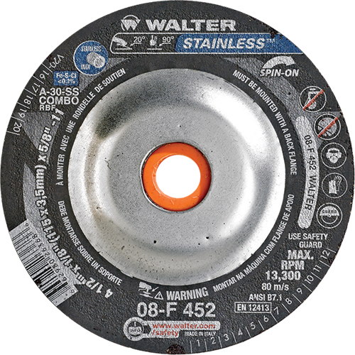 Meules &agrave; moyeu d&eacute;port&eacute; - Acier inoxydable type 27, 4-1/2" x 1/8", Arbre de 5/8"-11, Type 27S Pronet Distribution