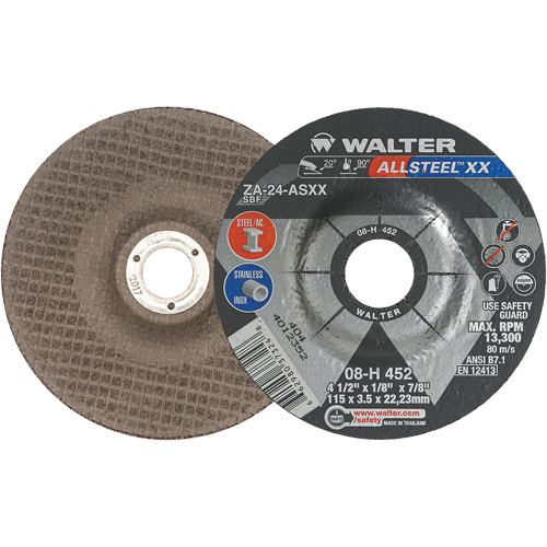 Meules &agrave; moyeu d&eacute;port&eacute; ALLSTEEL XX, 4-1/2" x 1/8", Arbre de 7/8", Type 27, Alumine de zirconium, 13 300 Tr/min Pronet Distribution
