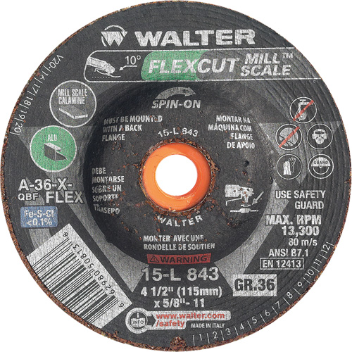 FLEXCUT MILL SCALE Grinding Wheel, 4-1/2", 36 Grit, Aluminum Oxide, 5/8"-11, 13300 RPM, Type 29 Pronet Distribution