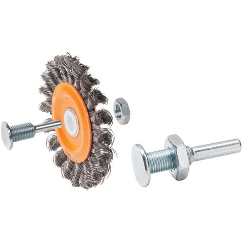 Brosse rotative mont&eacute;e &agrave; fils nou&eacute;s torsad&eacute;s r&eacute;versible, Dia. 4", Fils 0,0118", Arbre 5/8", Acier Pronet Distribution