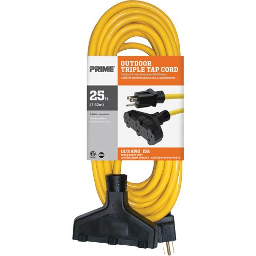 Vinyl Extension Cord, Outdoor, SJTW, 12/3 AWG, 15 A, 3 Outlet(s), 25' Pronet Distribution