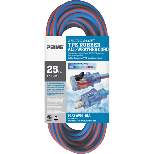 Cordon rallonge Arctic Blue, Toutes saisons, SJEOW, AWG 14/3, 15 A, 25' Pronet Distribution