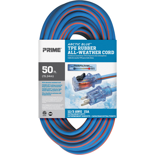 Arctic Blue TPE-Rubber Locking Extension Cord, All-Weather, SJEOW, 12/3 AWG, 15 A, 50' Pronet Distribution