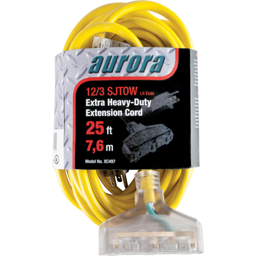Cordon rallonge en vinyle avec indicateur lumineux, Ext&eacute;rieur, SJTOW, AWG 12/3, 15 A, 3 prise(s), 25' Pronet Distribution