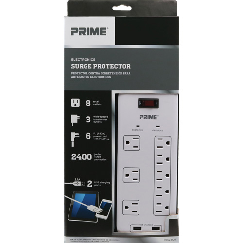 USB Charging Surge Protectors, 8 Outlets, 2400 J, 1875 W, 6' Cord Pronet Distribution