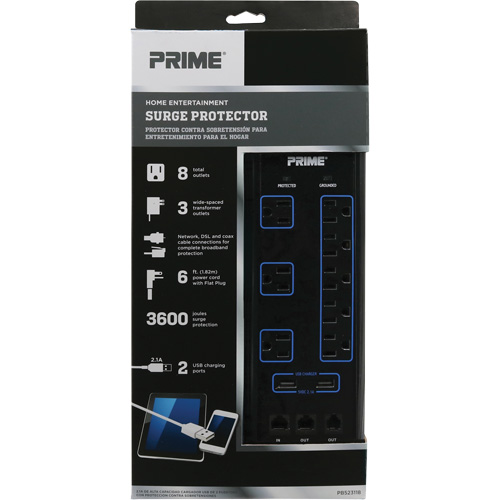 USB Charging Surge Protectors, 8 Outlets, 3600 J, 1875 W, 6' Cord Pronet Distribution