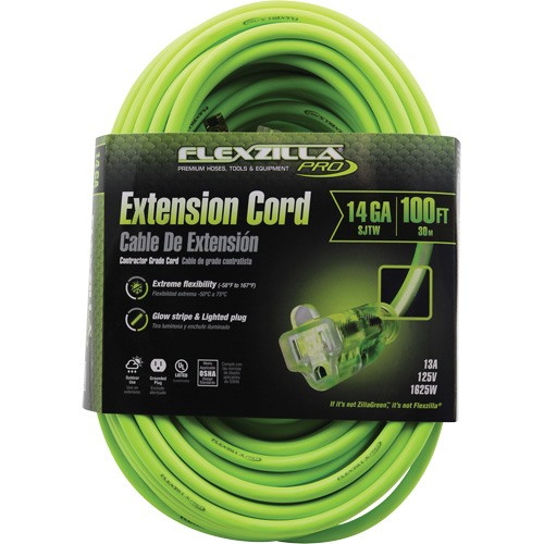 Flexzilla&reg; Pro Industrial Extension Cord, All-Weather, SJTW, 14/3 AWG, 15 A, 100' Pronet Distribution