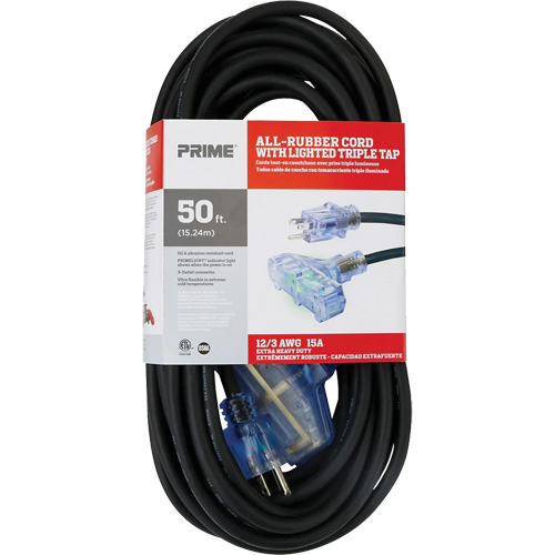 All-Rubber Extension Cord, Outdoor, SJOOW, 12/3 AWG, 15 A, 3 Outlet(s), 50' Pronet Distribution