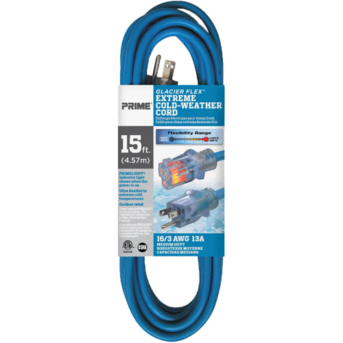 Cordon rallonge pour le froid extr&ecirc;me Glacier Flex, Ext&eacute;rieur, SJTW, AWG 16/3, 13 A, 15' Pronet Distribution