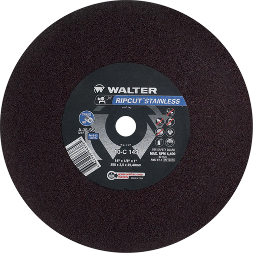 Meule &agrave; tronçonner Ripcut II pour la coupe de l'acier inoxydable sur scies fixes, 14" x 1/8", Arbre de 1", Type 1, Oxyde d'aluminium, 4400 Tr/min Pronet Distribution