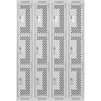 Clean Line Lockers, 3 -tier, Bank of 4, 48" x 12" x 72", Steel, Grey, Rivet (Assembled), Perforated Pronet Distribution