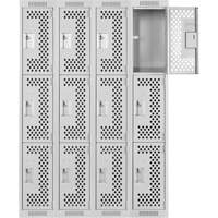 Clean Line Lockers, 3 -tier, Bank of 4, 48" x 12" x 72", Steel, Grey, Rivet (Assembled), Perforated Pronet Distribution