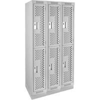 Clean Line Lockers, 2 -tier, Bank of 3, 36" x 15" x 76", Steel, Grey, Rivet (Assembled), Perforated Pronet Distribution